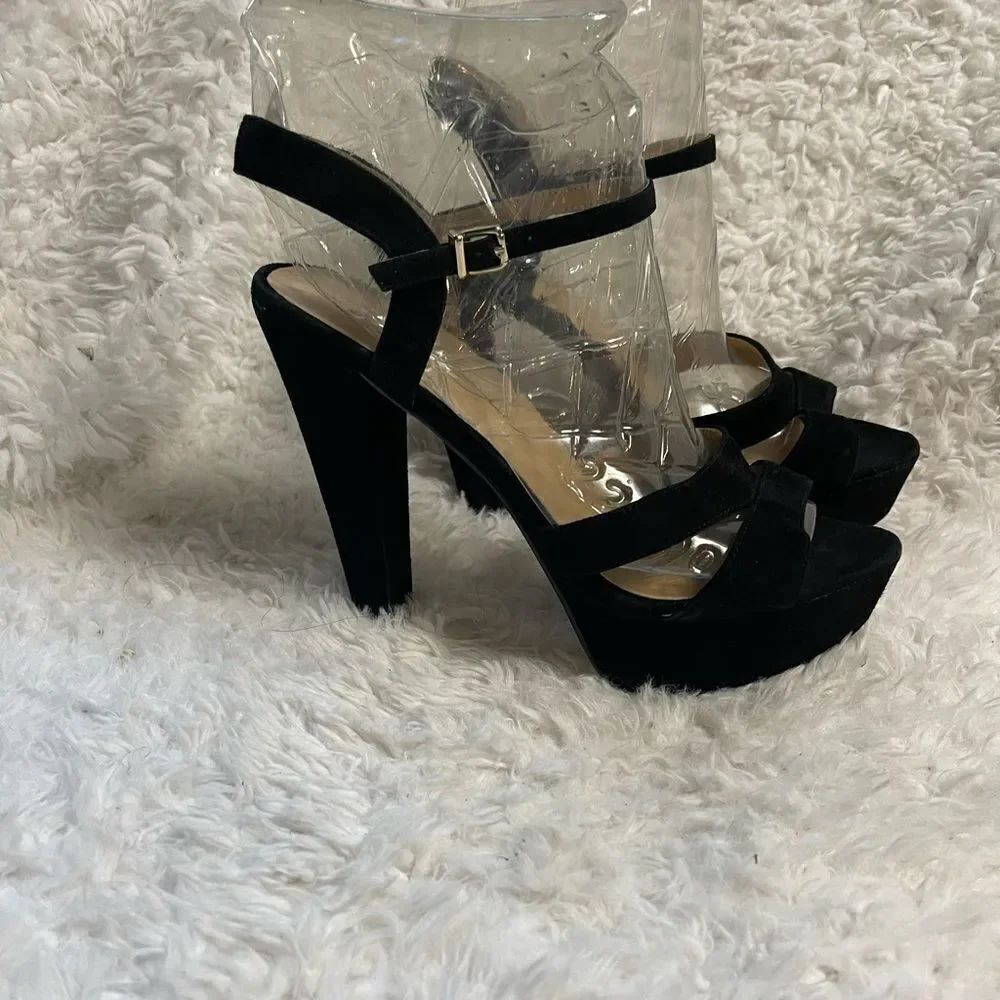 Boston Proper synthetic Black Suede Platform ankle strap Heels SZ9